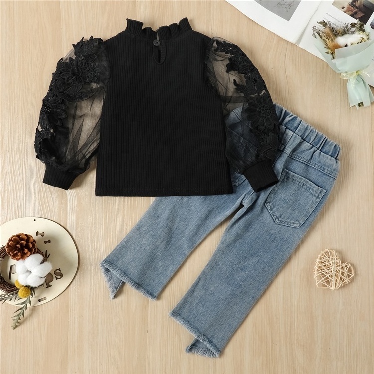 Children's clothing foreign style spring girl 's clothing fashion lace top and jeans baby girl clothes