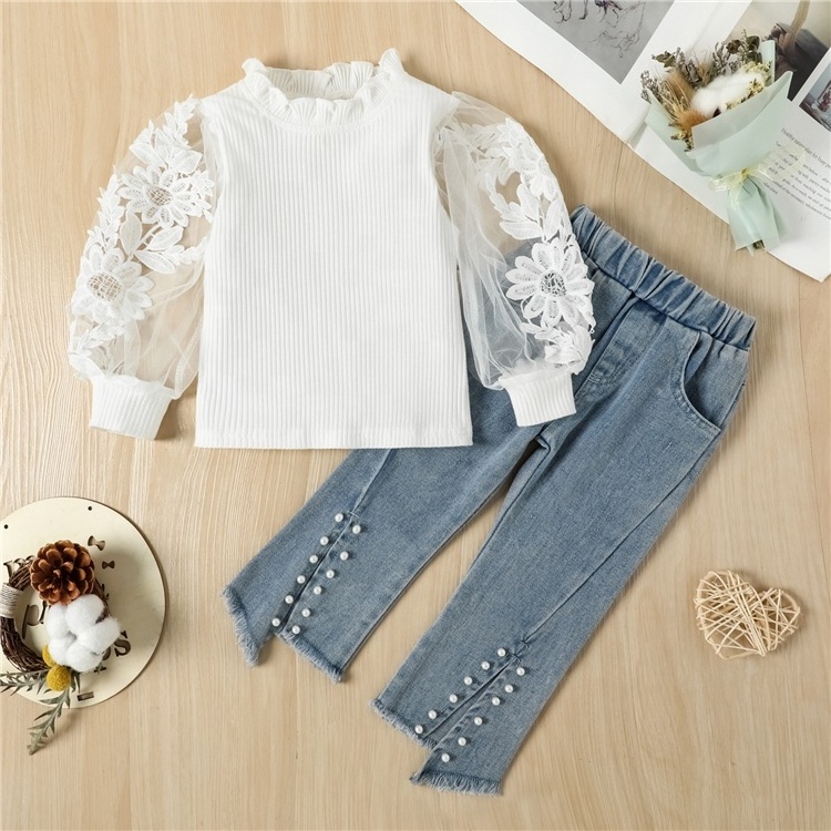 Children's clothing foreign style spring girl 's clothing fashion lace top and jeans baby girl clothes