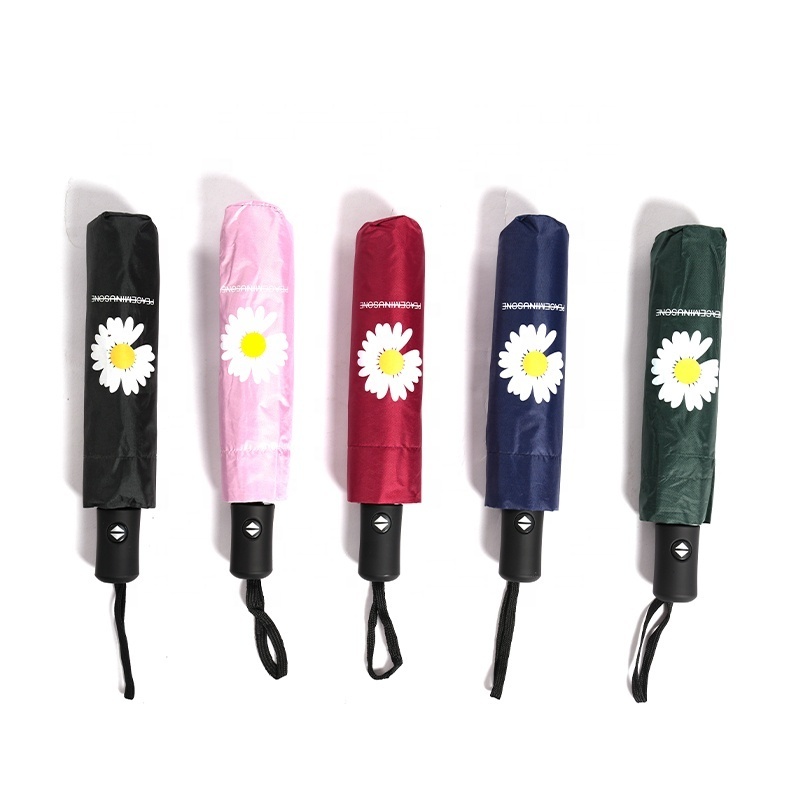 Flower logo Logo 3 fold Black Coating Automatic UV Resistant Umbrella Travel Umbrella