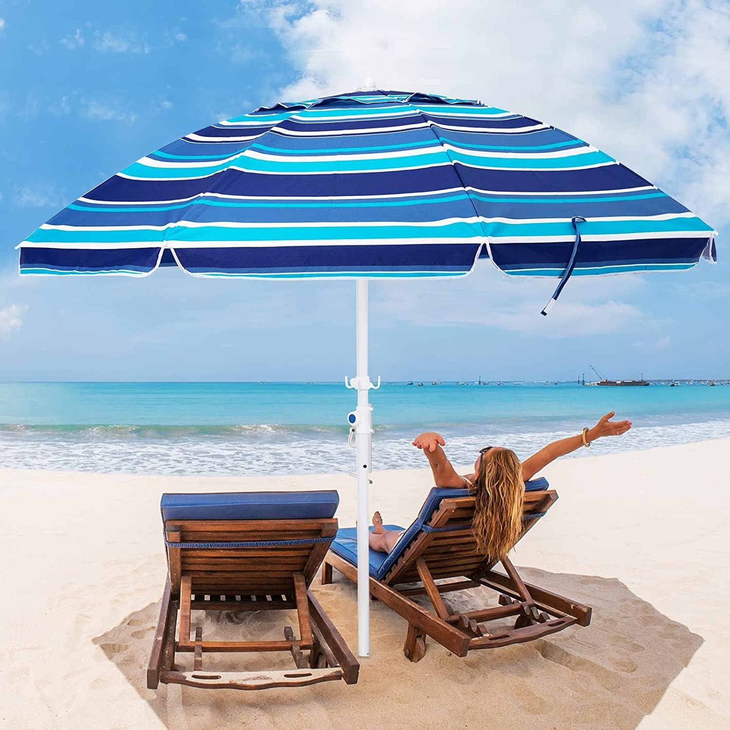 OEM Service UV 50+ Outdoor Portable Sunshade White Navy Blue Stripe Pattern Beach Umbrella with Carry Bag