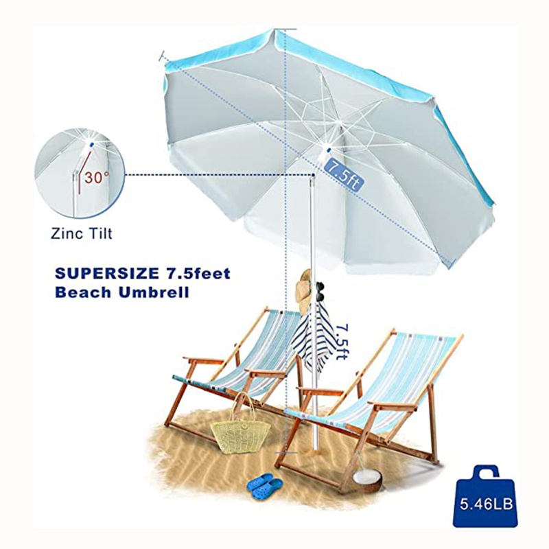 7.5 Feet Aluminum Pole with Zinc Tilt Solid Color Polyester Fabric with Sliver Coating Picnic Beach Umbrella