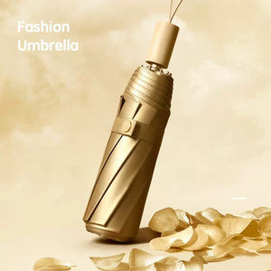 Durable Fiberglass Frame Double Layer Pongee Fabric with Gold Sunscreen Coating Manual Folding Umbrella Sun Rain Umbrella