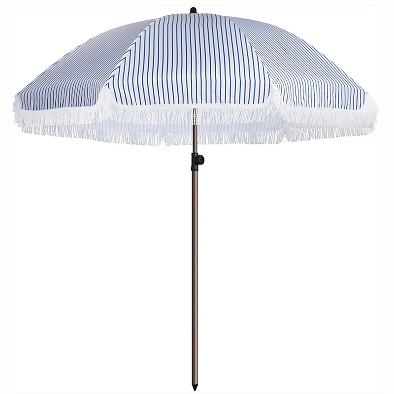 7.5Ft Patio Blue Stripe Beach Tassel Umbrella UPF50+ with Push Bottom Aluminium Tilt