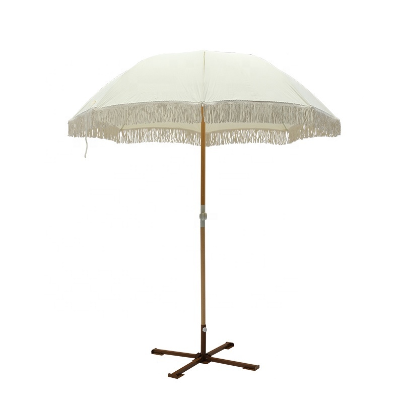 White Beach Tassels  Umbrella with Fringe UPF 50+ Blocks 98% UV Premium Wood Pole & Aluminum Hinge  Antique White