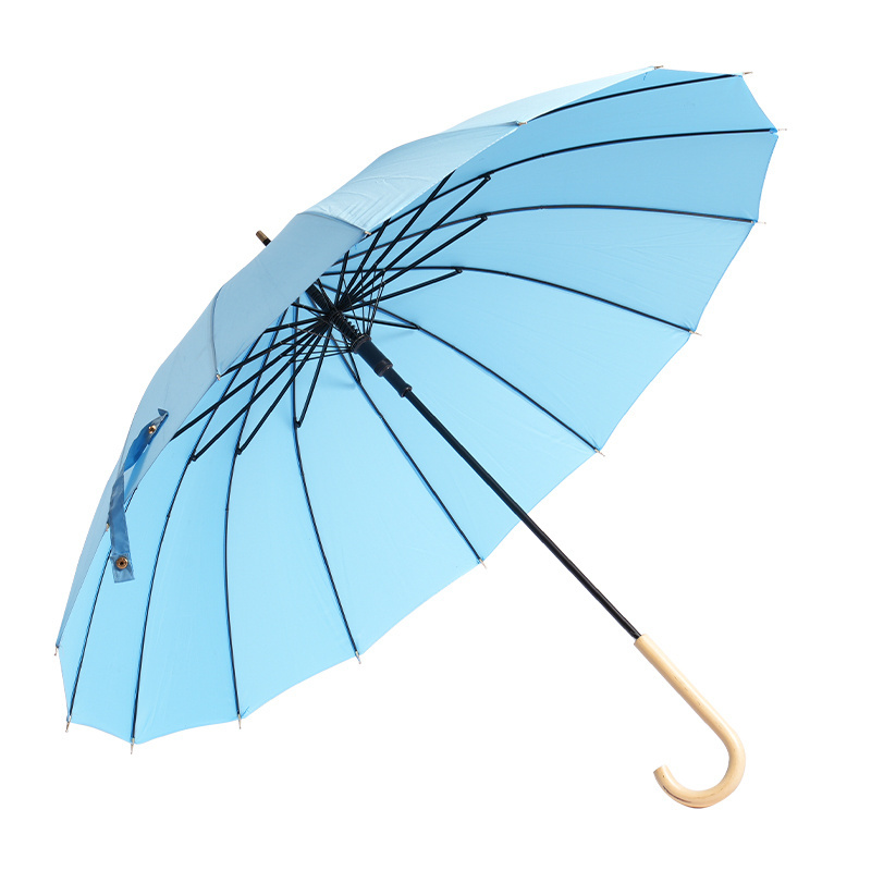 16K Solid Color Semi-Automatic Curved Handle Straight Umbrella Sun Rain Golf Umbrella