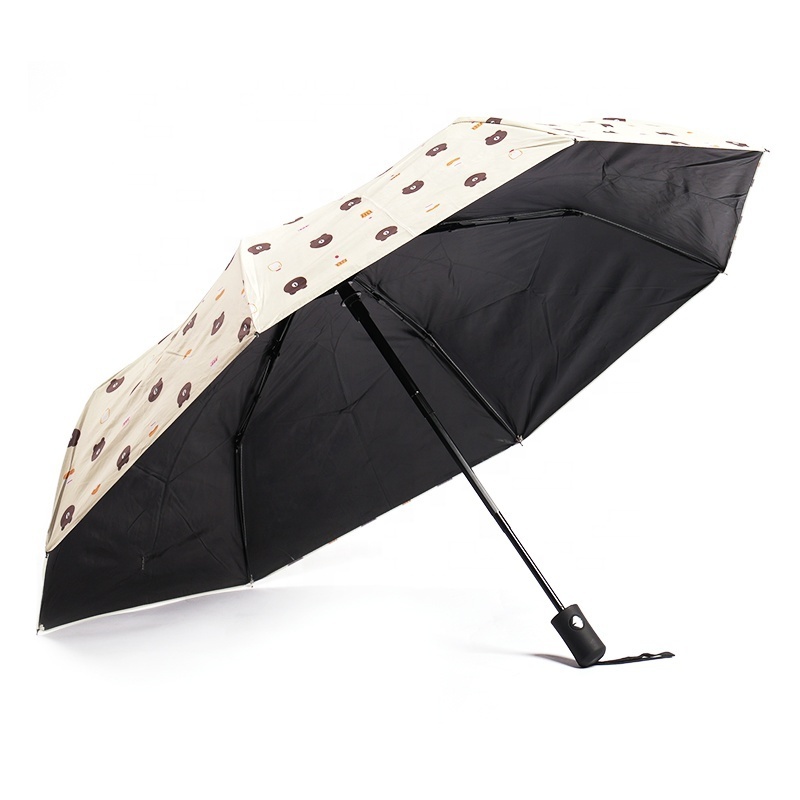 Full Print Cute Bear Logo 3 fold Polyester Automatic Black Vinyl Coating UV Resistant Umbrella