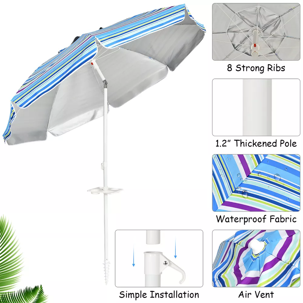 Custom 6.5ft Stripe Beach Umbrella Portable Patio Sunshade Parasol with Table Tray and Tilt System