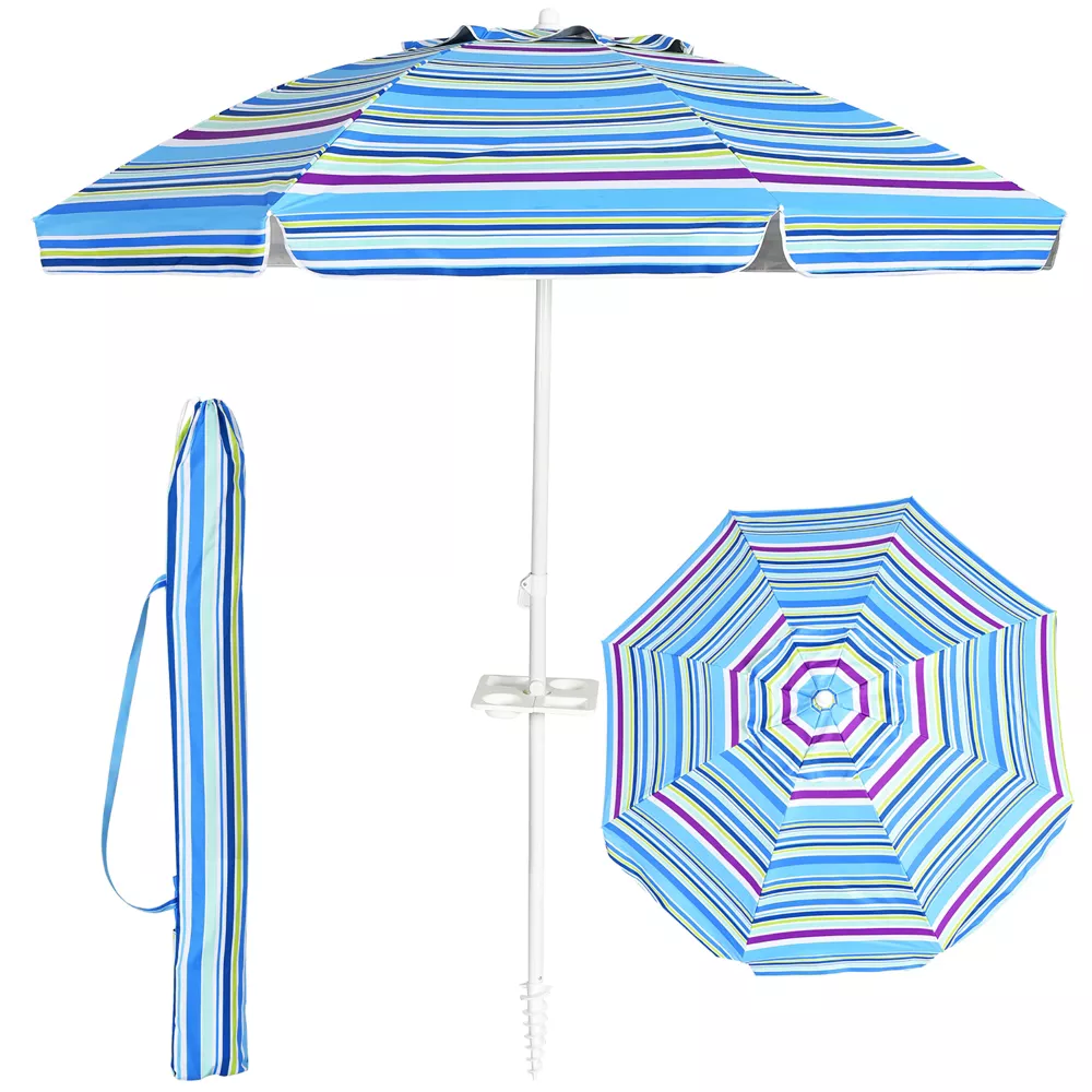 Custom 6.5ft Stripe Beach Umbrella Portable Patio Sunshade Parasol with Table Tray and Tilt System