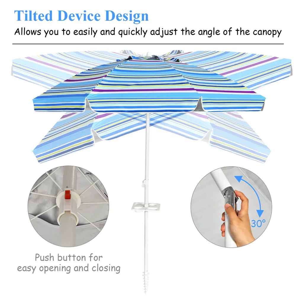 Custom 6.5ft Stripe Beach Umbrella Portable Patio Sunshade Parasol with Table Tray and Tilt System