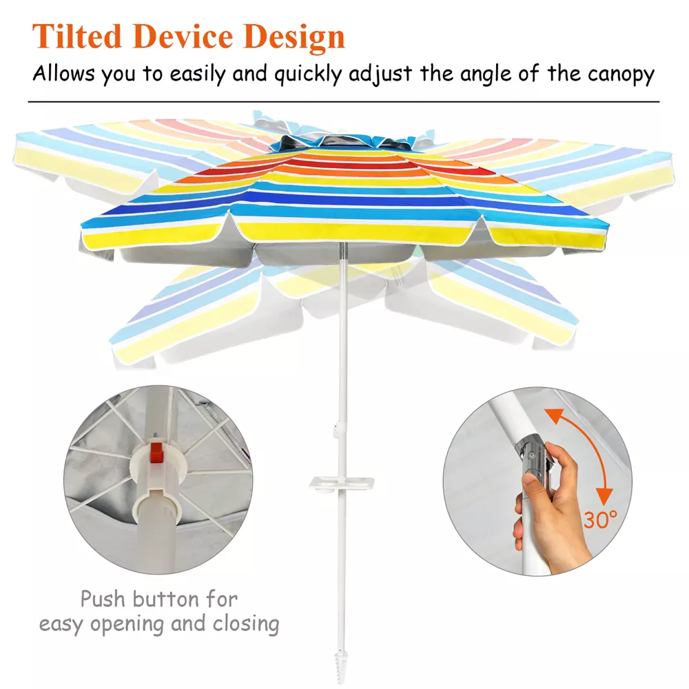 Hot Selling 6.5ft Red Stripe Beach Umbrella Portable Patio Sunshade Parasol with Table Tray and Sand Anchor