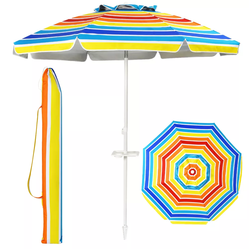 Hot Selling 6.5ft Red Stripe Beach Umbrella Portable Patio Sunshade Parasol with Table Tray and Sand Anchor