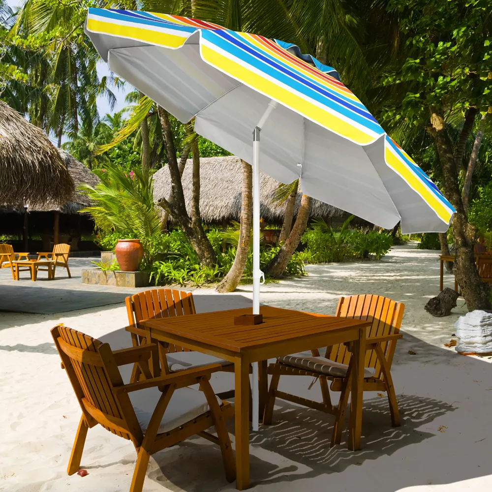 Hot Selling 6.5ft Red Stripe Beach Umbrella Portable Patio Sunshade Parasol with Table Tray and Sand Anchor