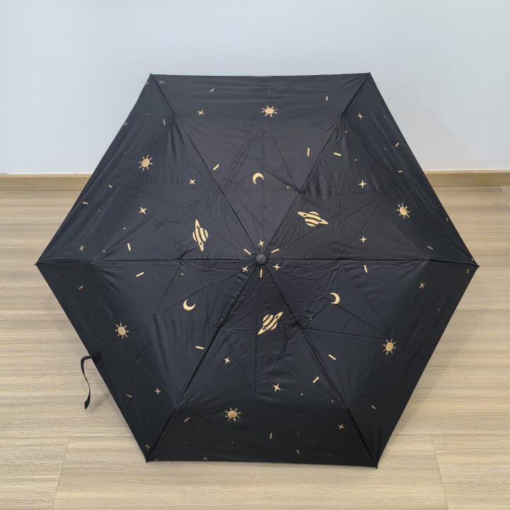 Wholesale custom star print 3 fold all weather black coating umbrella light weight 190T sun rain umbrella