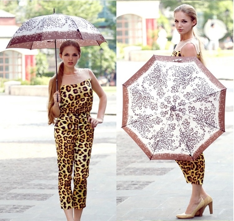 Fancy design polyester fiberglass auto open portable weatherproof women leopard print straight umbrella anti uv