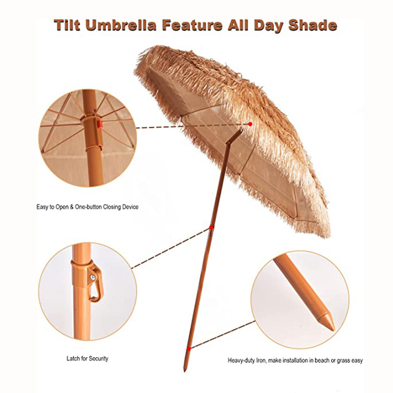 Hot Selling 2.0M Pp Plastic Raffia Straw Hawaiian Style Patio Beach Umbrella with Tilt System