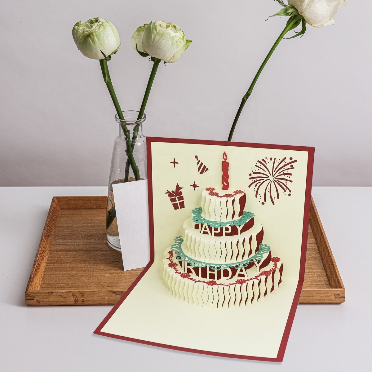 Wholesale handmade laser cut 3D printing pop up paper christmas happy birthday greeting card