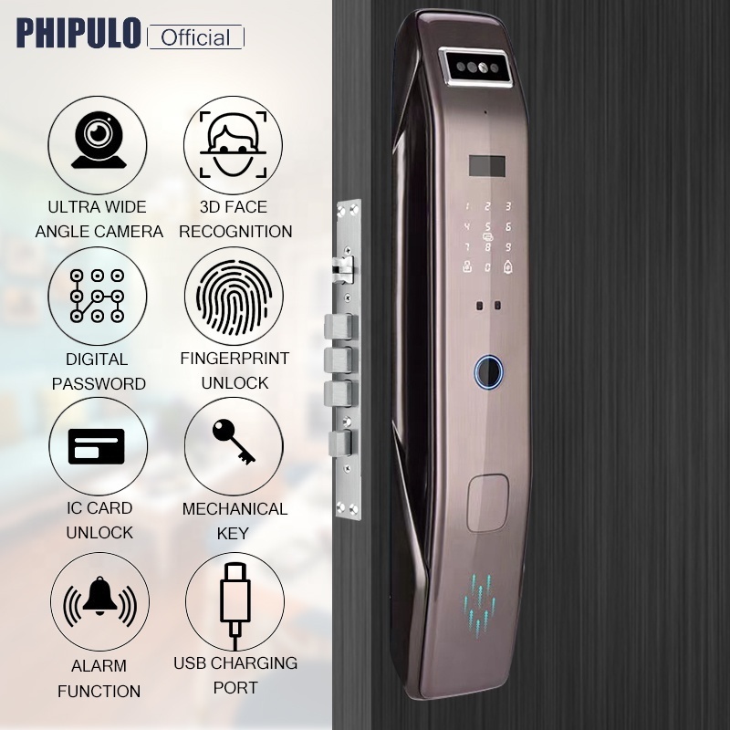 Phipulo Home 3D Face Recognition Automatic Biometric Electronic Door Lock Digital Fingerprint Smart lock with HD Camera