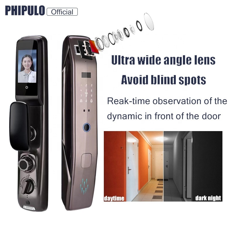 Phipulo Home 3D Face Recognition Automatic Biometric Electronic Door Lock Digital Fingerprint Smart lock with HD Camera