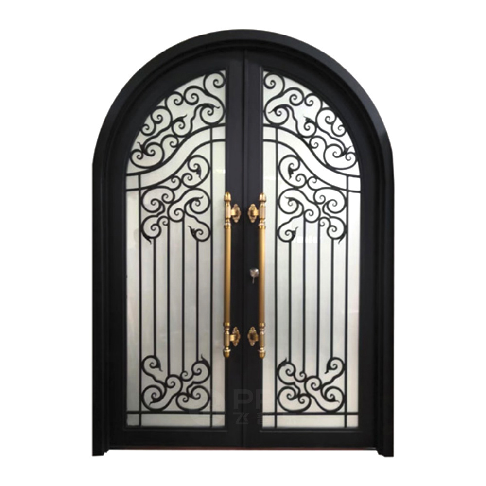 China Supplier Front Exterior Double Door Arched Top French Style Main Entrance Gate Security Wrought Iron Steel Doors