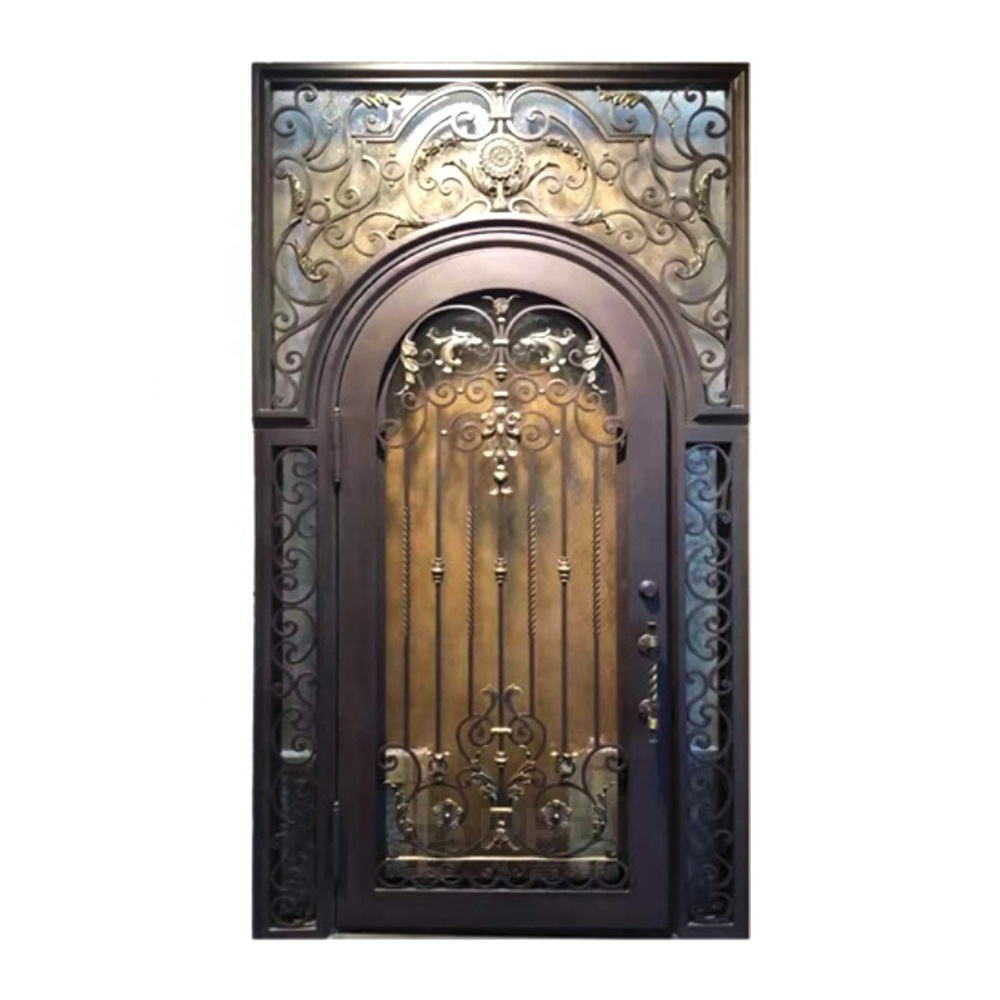 China Supplier Front Exterior Double Door Arched Top French Style Main Entrance Gate Security Wrought Iron Steel Doors