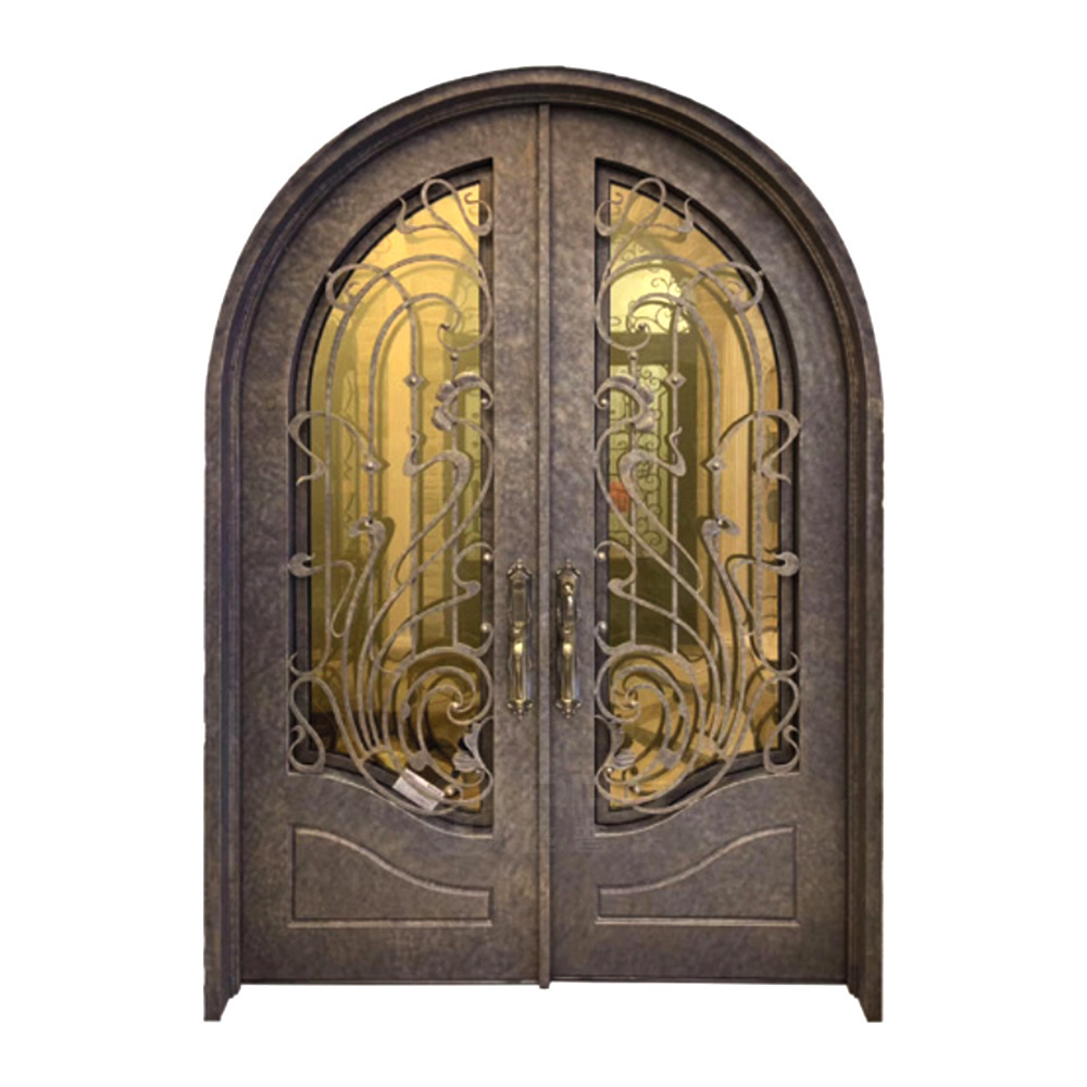 China Supplier Front Exterior Double Door Arched Top French Style Main Entrance Gate Security Wrought Iron Steel Doors