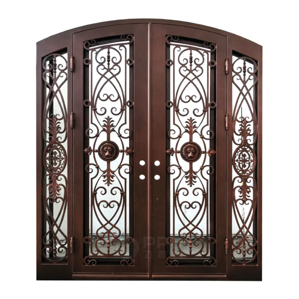 China Supplier Front Exterior Double Door Arched Top French Style Main Entrance Gate Security Wrought Iron Steel Doors