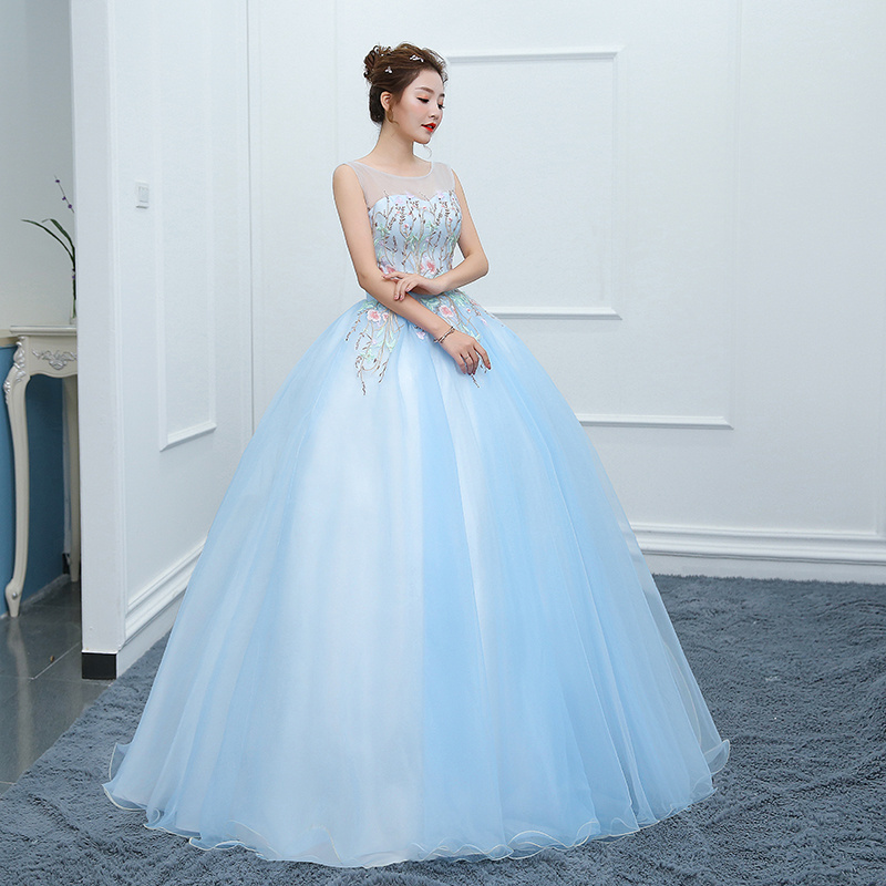 Fashion 3D Flower Colored wedding dress  New Korean Style Light blue Princess Wedding Gowns A-line Party dress