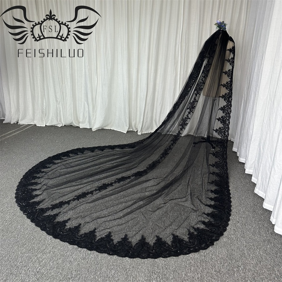 Feishiluo   Luxury  Sequin Lace Edge  Bridal Veils Black One-layers Long Wedding  Veils  Face Veils  With Comb