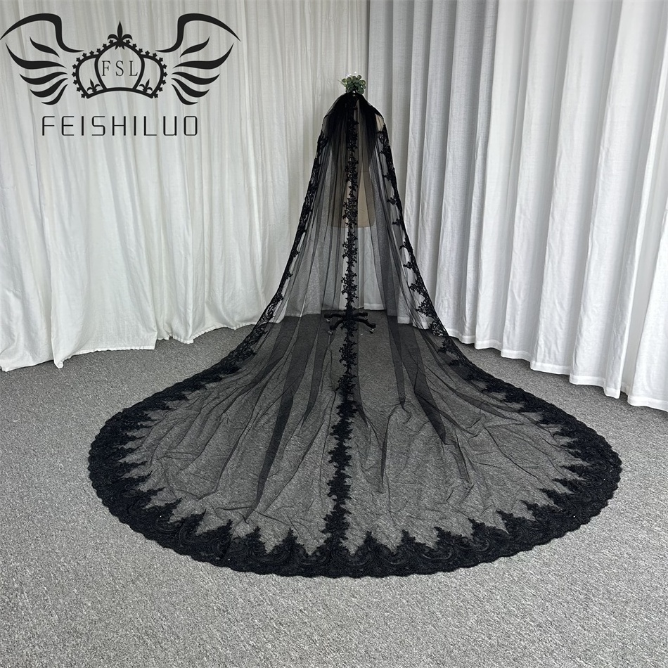 Feishiluo   Luxury  Sequin Lace Edge  Bridal Veils Black One-layers Long Wedding  Veils  Face Veils  With Comb