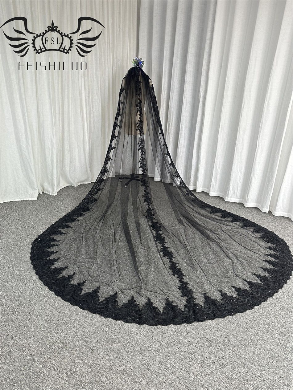 Feishiluo   Luxury  Sequin Lace Edge  Bridal Veils Black One-layers Long Wedding  Veils  Face Veils  With Comb