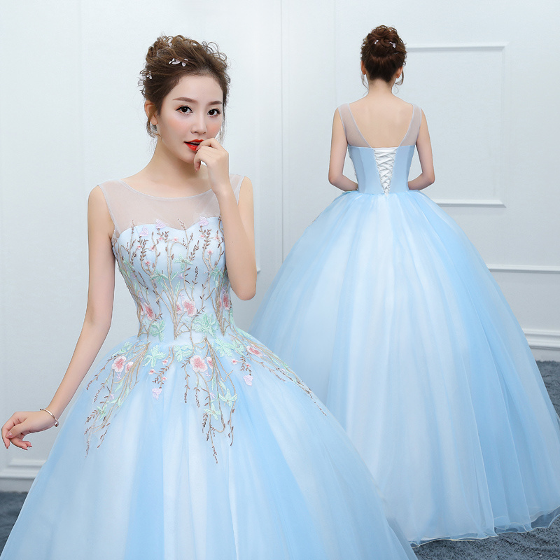 Fashion 3D Flower Colored wedding dress  New Korean Style Light blue Princess Wedding Gowns A-line Party dress