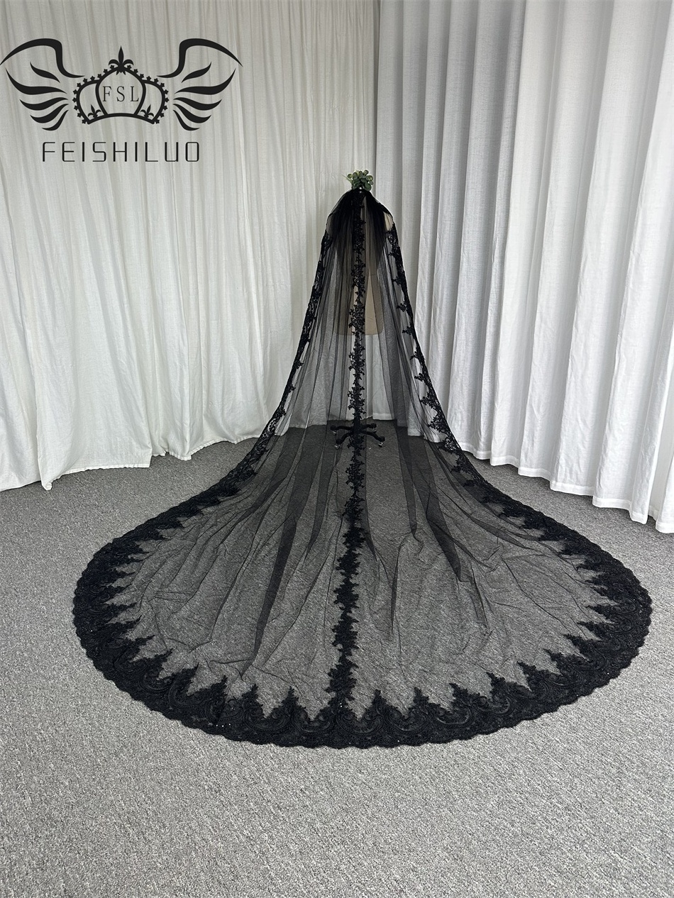 Feishiluo   Luxury  Sequin Lace Edge  Bridal Veils Black One-layers Long Wedding  Veils  Face Veils  With Comb