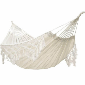 100% Handmade Tassels/Fringes White Canvas Boho Hammock Double 2 Person Macrame Hanging Brazilian Hammock Portable Cotton Rope