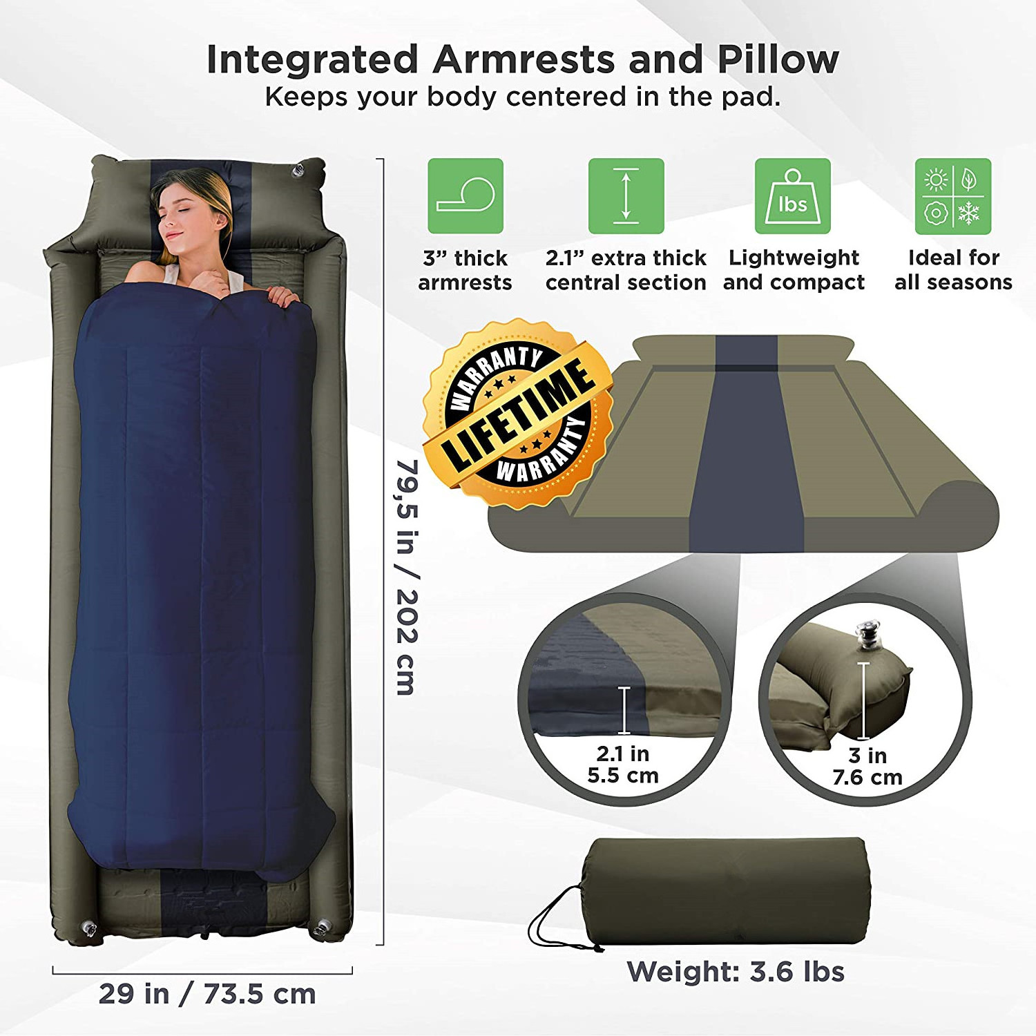 Sleeping Pad w/Armrest & Pillow - Rollover Protection - Self-Inflating Camping Mattress, Best Cot-Mats for Tent and Hammock