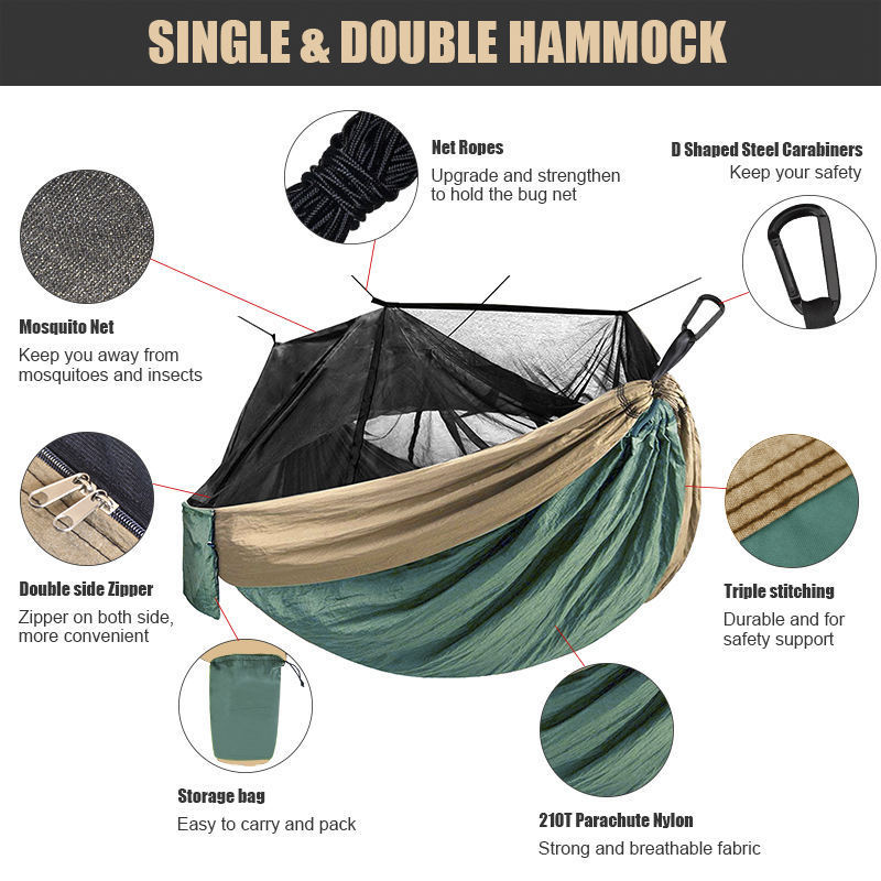 Feistel 210T Nylon Portable 2 Person Portable Outdoor Parachute Camping Nylon Tent Hammock With Mosquito Net