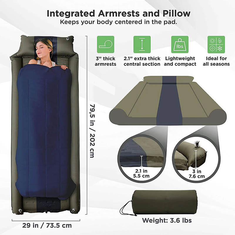 Sleeping Pad w/Armrest & Pillow - Rollover Protection Best Cot-Mats for Tent and Hammock Self-Inflating Camping Mattress