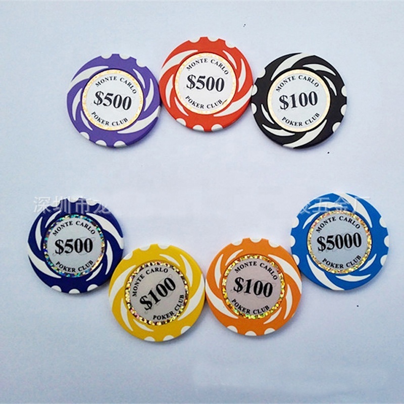 Factory supply 40mm clay poker chips 14g Monte Carlo casino club sticker poker chips