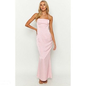 New design pink satin sleeveless suspender bow evening dress maxi dress