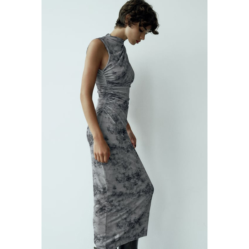 New innovation Vintage style pleated silk screen printed sleeveless midi dress.