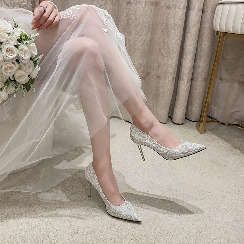 Luxury Rhinestone Lace Women High Heels Wedding Pump for Women Pointed Toe Heels Bridal White Dress Shoes Wedding Shoes Brides