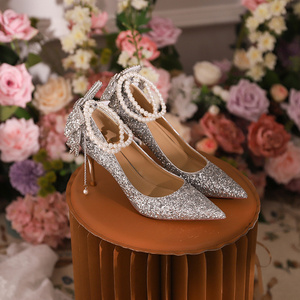 Women Wedding Shoes Elegant String Bead Sequined Decor Mujer Zapatos Wrap-toe Shallow High Heel Pumps Ladies Dating Bridal Shoes