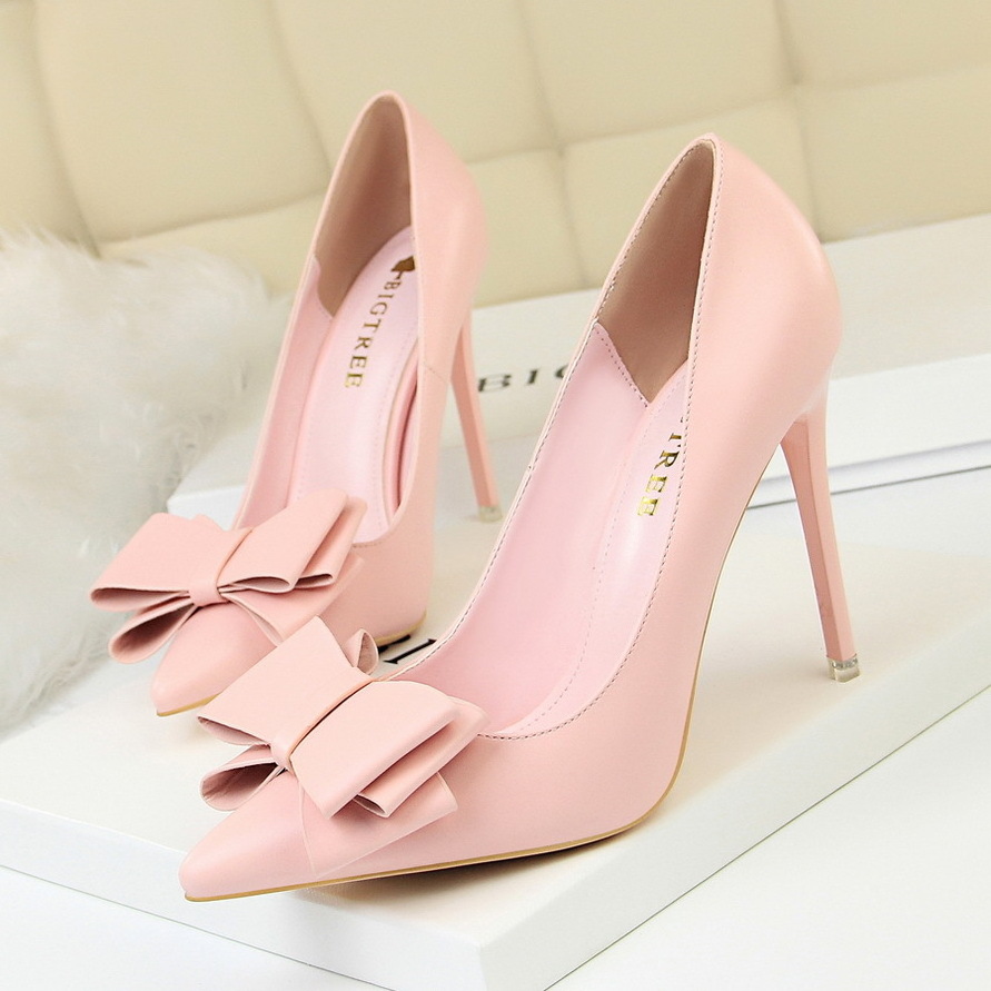 Women Pumps 2023 Versatile Sweet Bowknot Buckle Solid Color Mujer Shoes Pointed-toe Shallow High Heeled Pumps Ladies Dating Shoe