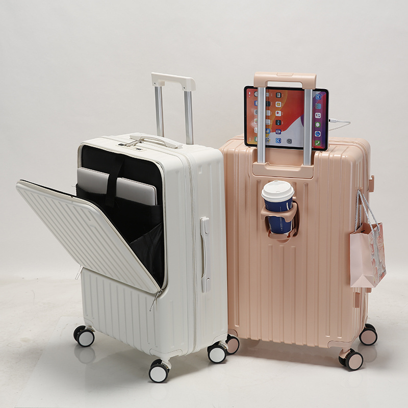 New Design Front Opening Luggage Hard Side ABS PC Suitcase Travel Luggage With USB Charger And Cup Holder