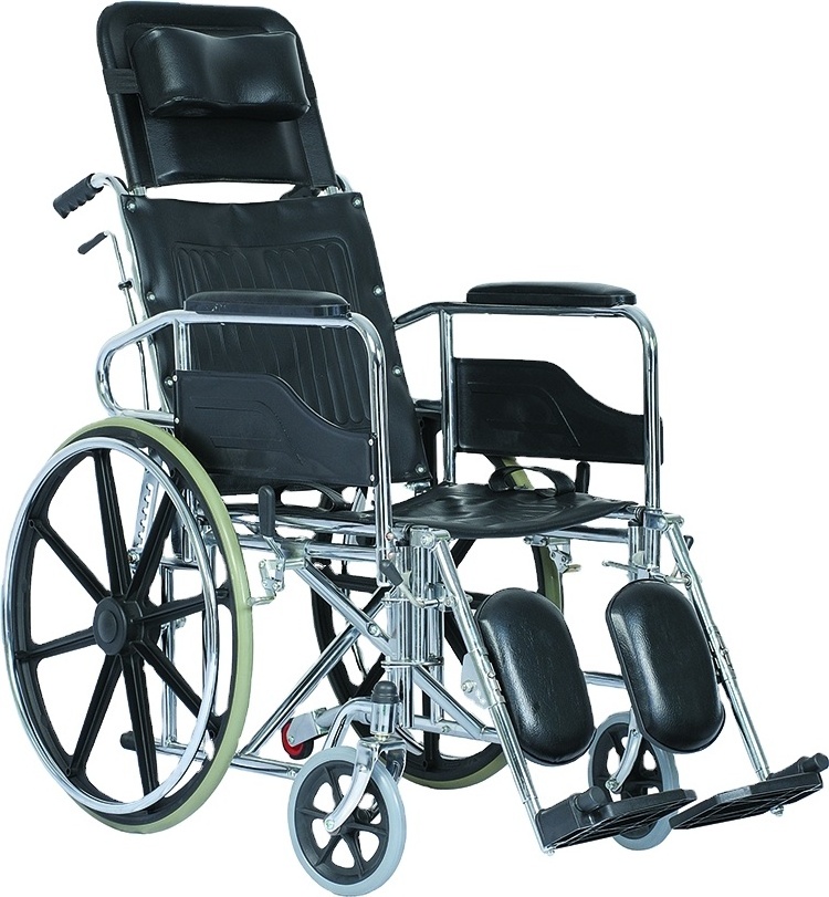 Hot sales luxury manual wheelchair for the elderly with chromed steel frame and reclining high back