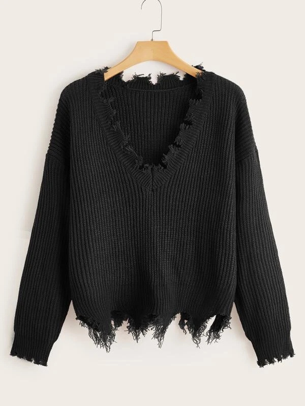 FYB Knit Falling Casual Design Crop Irregular Destory Ripped Frayed Women Distressed Sweater