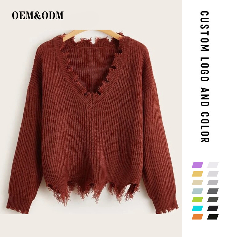 FYB Knit Falling Casual Design Crop Irregular Destory Ripped Frayed Women Distressed Sweater