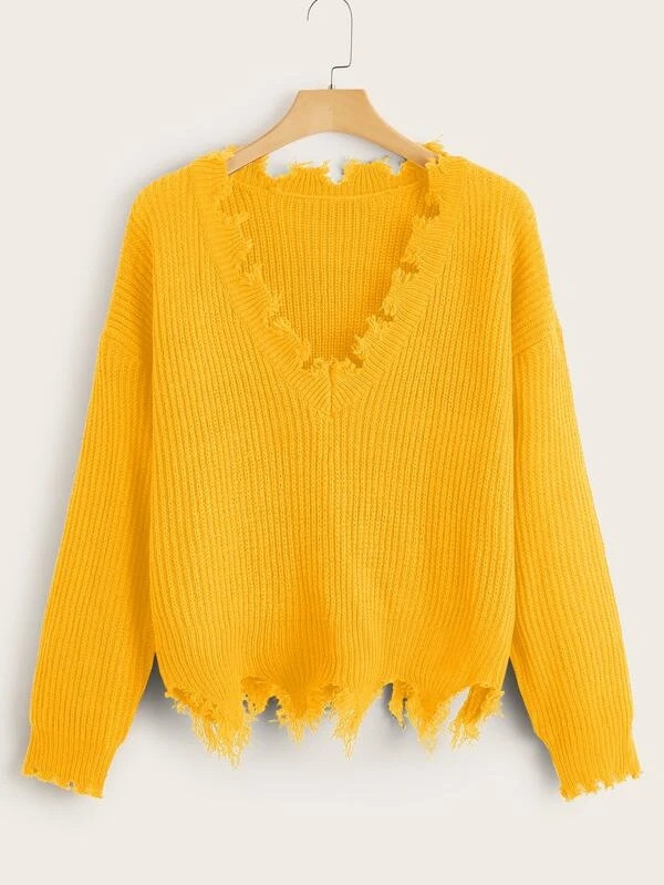 FYB Knit Falling Casual Design Crop Irregular Destory Ripped Frayed Women Distressed Sweater