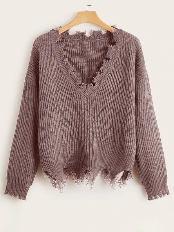 FYB Knit Falling Casual Design Crop Irregular Destory Ripped Frayed Women Distressed Sweater