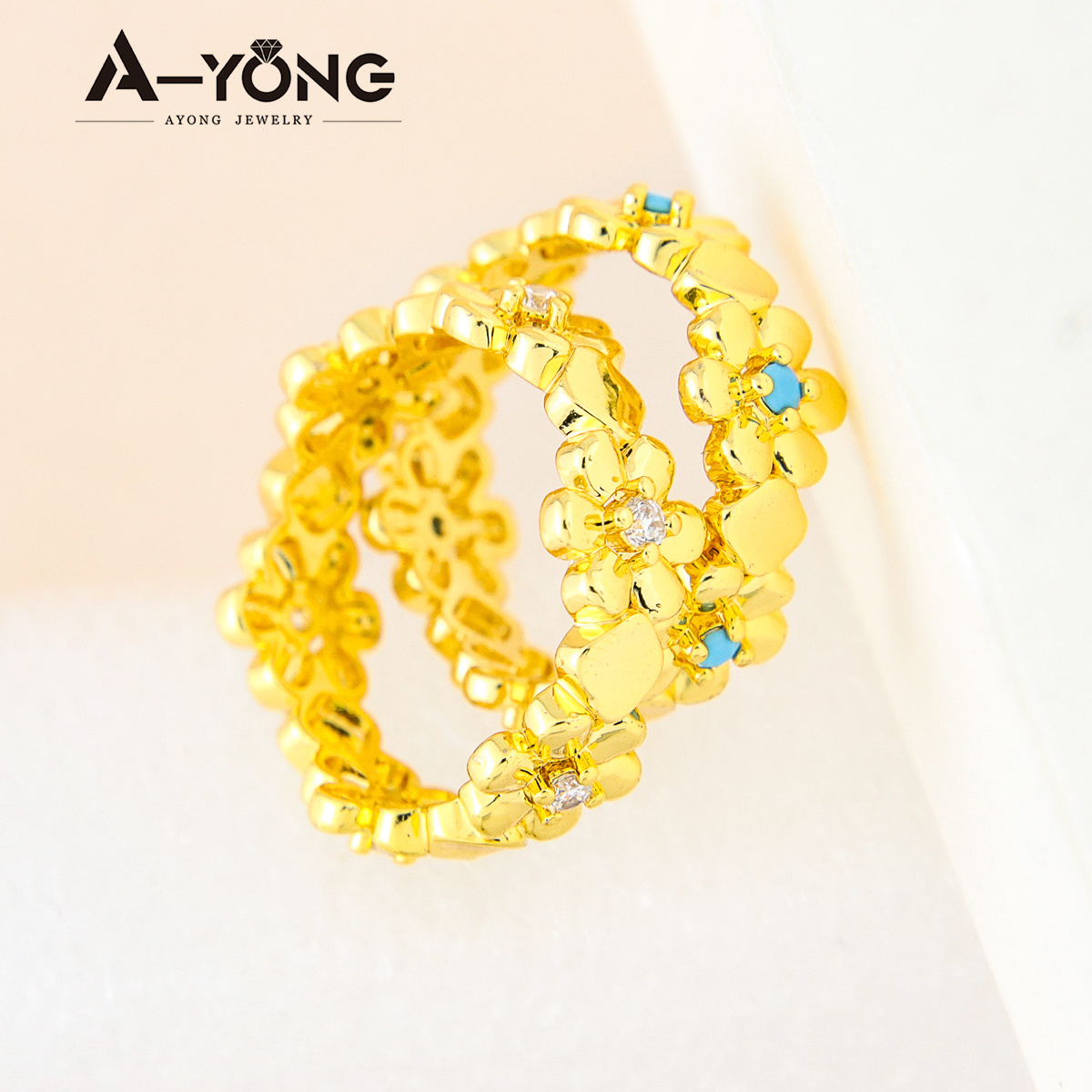 Dainty Jewelry Turquoise Resin Flower Ring Brass 18k Gold Crystal Gold Plated Ring for Women