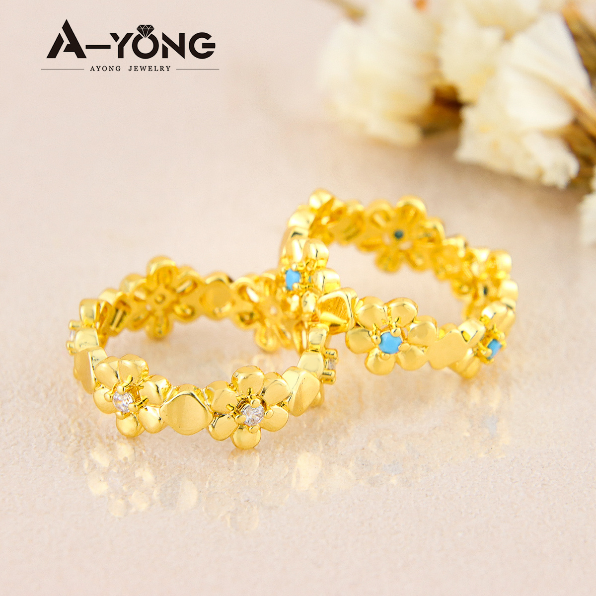 Dainty Jewelry Turquoise Resin Flower Ring Brass 18k Gold Crystal Gold Plated Ring for Women